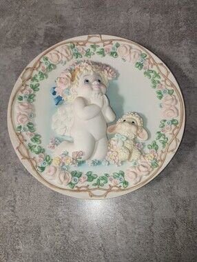 Cherub Angel and Lamb Decorative Wall Plaque - Cream & Pink